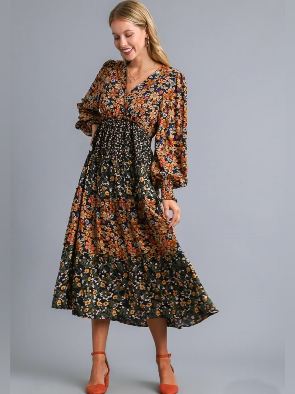 Umgee Tiered Floral Midi Dress